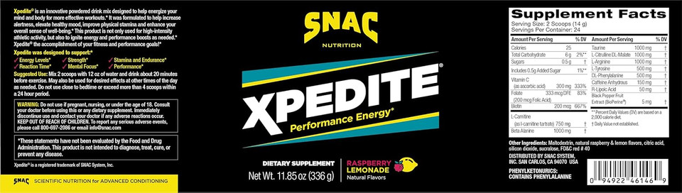 Snac Xpedite - Preworkout Performance Drink Supplement, Promotes Energy And Focus, Nitric Oxide Booster & Thermogenic, L-Carnitine, Beta Alanine, Green Apple Powder, (24 Servings)