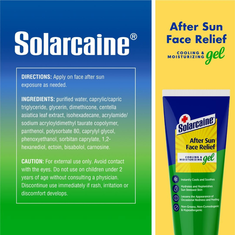 Solarcaine After Sun Face Gel, Cooling & Moisturizing Relief For Sun-Stressed Skin, Redness & Peeling, Non-Greasy, Hypoallergenic, Fragrance-Free, Non-Comedogenic 1.5 Oz
