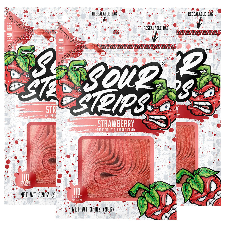 Sour Strips Flavored Sour Candy Strips, Deliciously Sour Chewy Candy Belts, Vegetarian Candies, 3 Pack (Strawberry (3-Pack))
