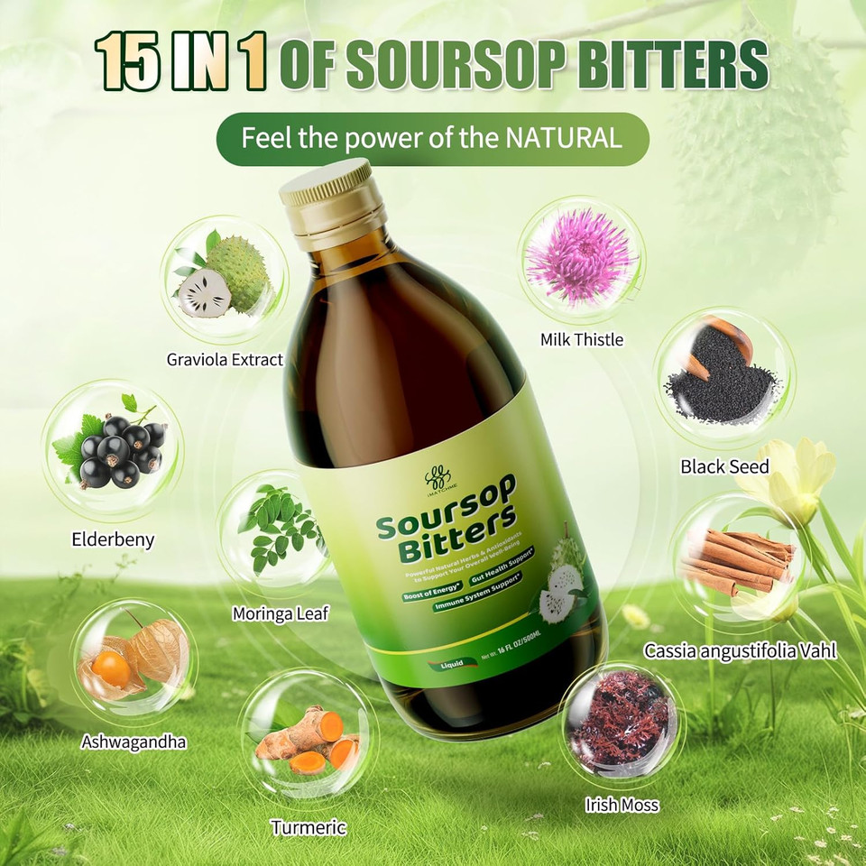 Soursop Bitters Liquid With Black Seed, Turmeric & Moringa-Pure 15 In 1 Herb Soursop Tea For Immune System, Digestive & Gut Health, Antioxidant,Skin Health Support 8 Fl Oz