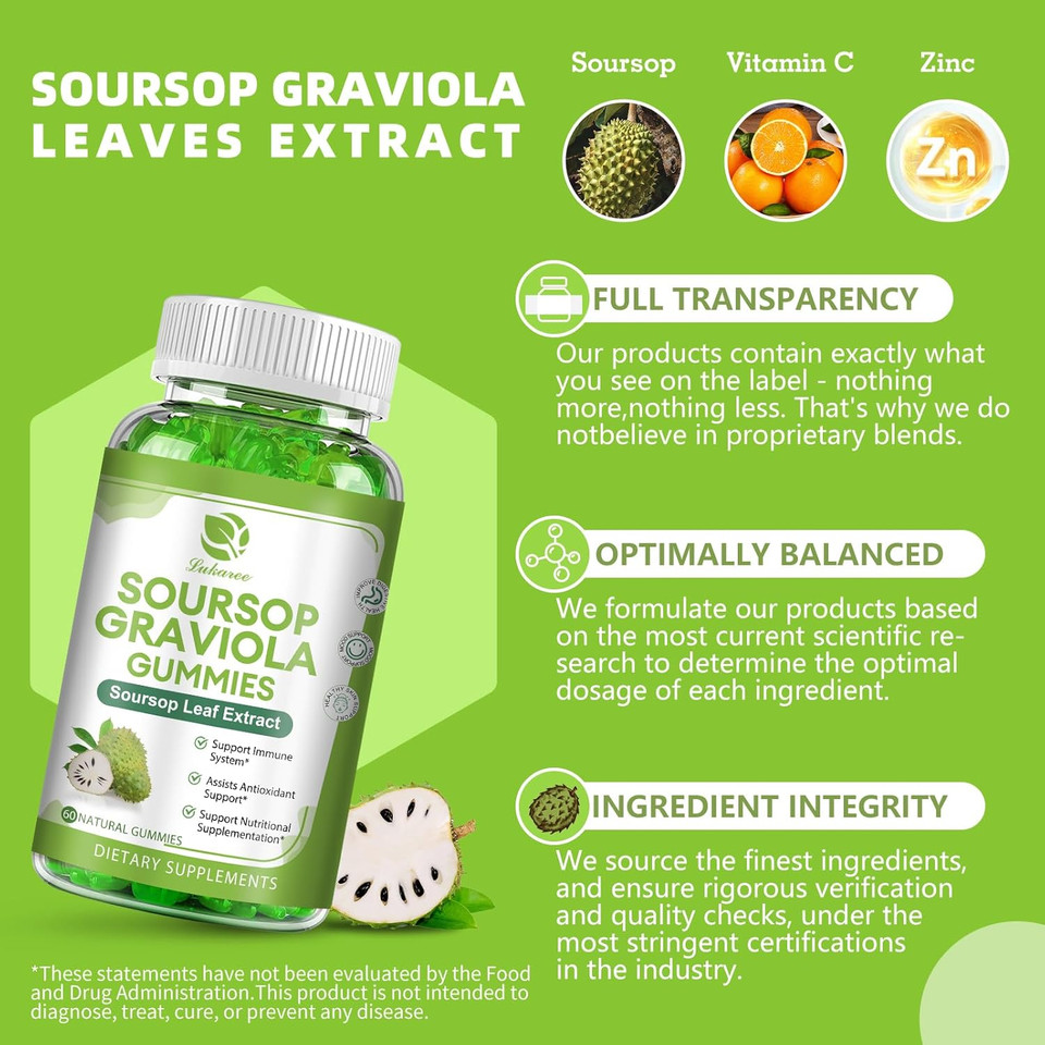 Soursop Graviola Gummies - Soursop Leaves Extract W/Vitamin C, Zinc & Whole Natural Food For Immunity, Liver, Zzz & Antioxidant, Gluten Free, Vegan, 60 Gummies