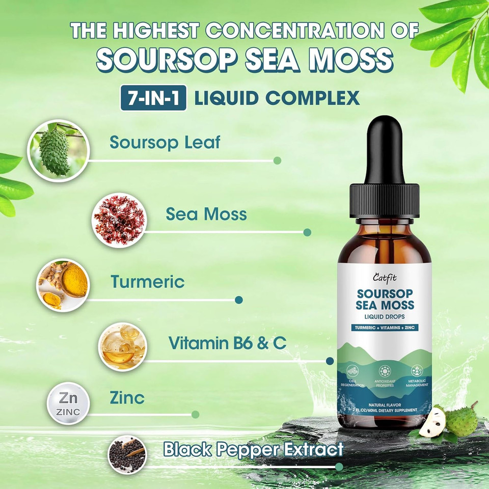 Soursop Graviola Liquid Drop  Soursop Bitters Liquid Drops With Sea Moss, Turmeric & Zinc, For Cell Support, Antioxidant, Relaxation & Immune Boost, Strawberry Flavor, 2 Fl Oz