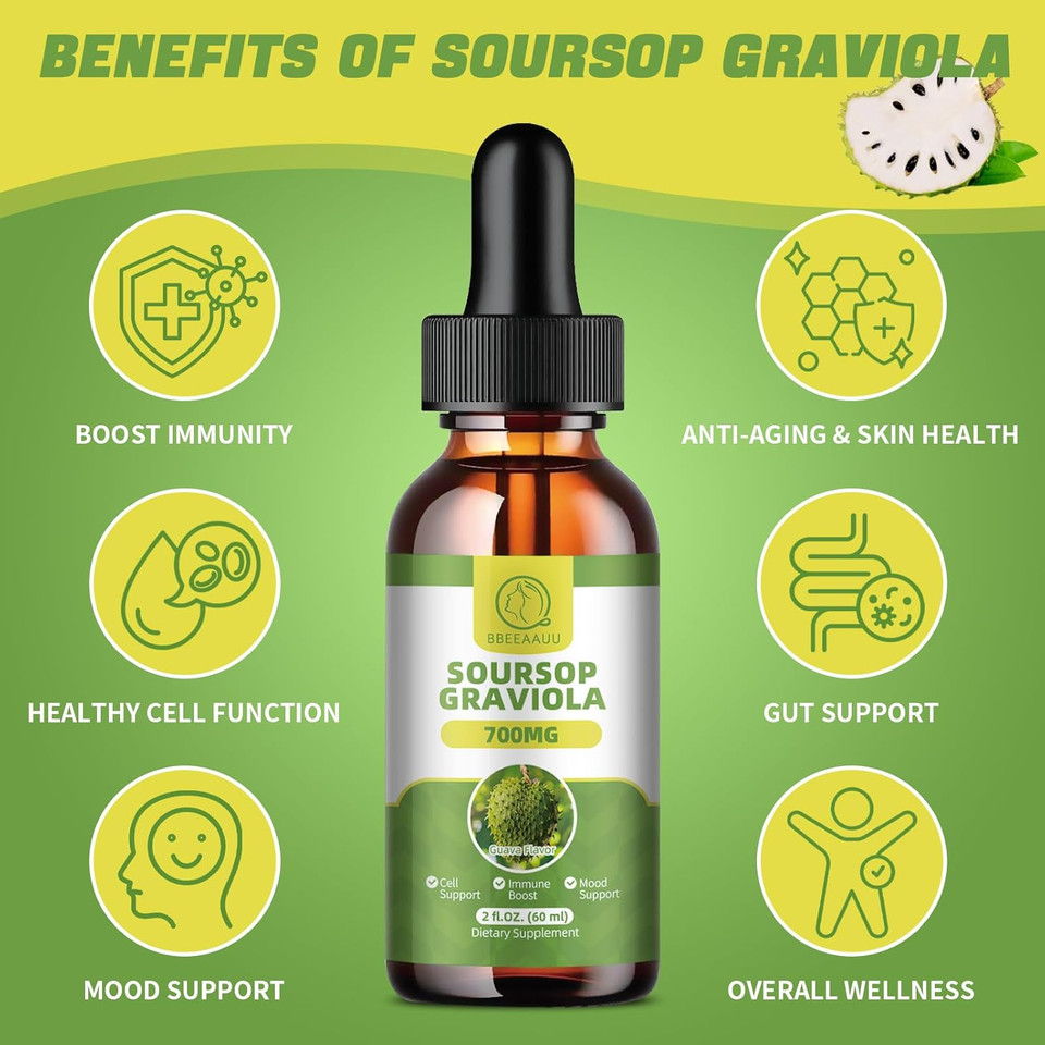 Soursop Graviola Liquid Drops, Soursop Leaves Extract For Immune, Antioxidant, Mood & Night Support, Soursop Bitters Liquid, High Absorption, Vegan, Gluten-Free, 2 Fl Oz