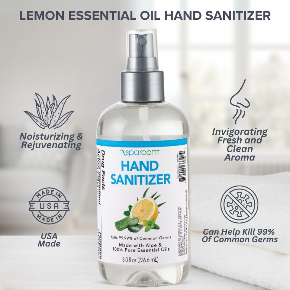 Sparoom 8 Oz Hand Sanitizer  Lemon Essential Oil, 70% Alcohol