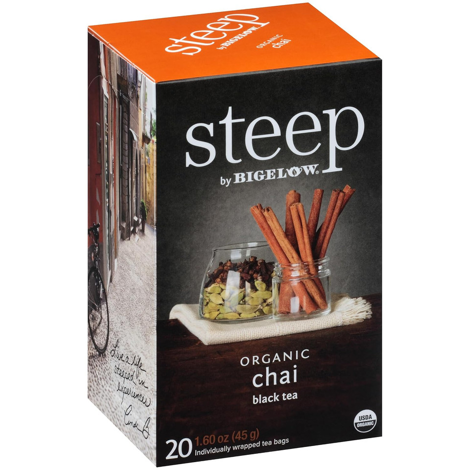 Steep By Bigelow Organic Chai 20 Count Organic Caffeinated Individual Black Tea Bags, For Hot Tea Or Iced Tea, Drink Plain Or Sweetened With Honey Or Sugar