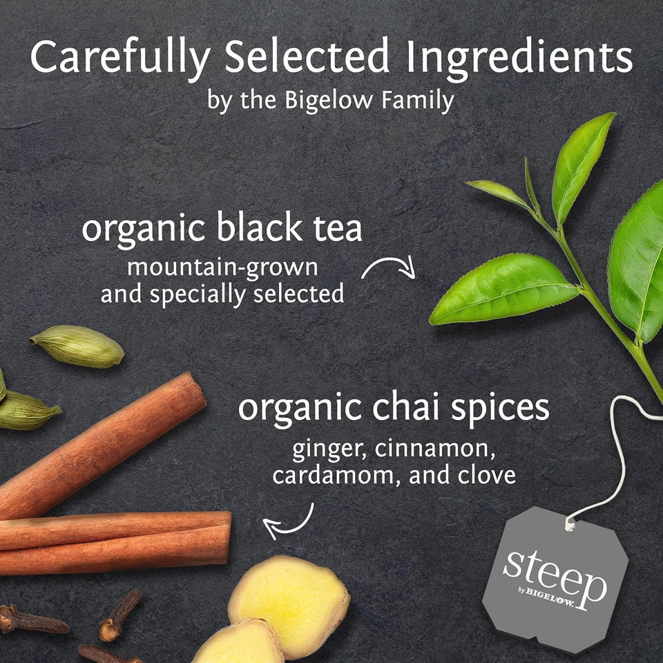 Steep By Bigelow Organic Chai 20 Count Organic Caffeinated Individual Black Tea Bags, For Hot Tea Or Iced Tea, Drink Plain Or Sweetened With Honey Or Sugar
