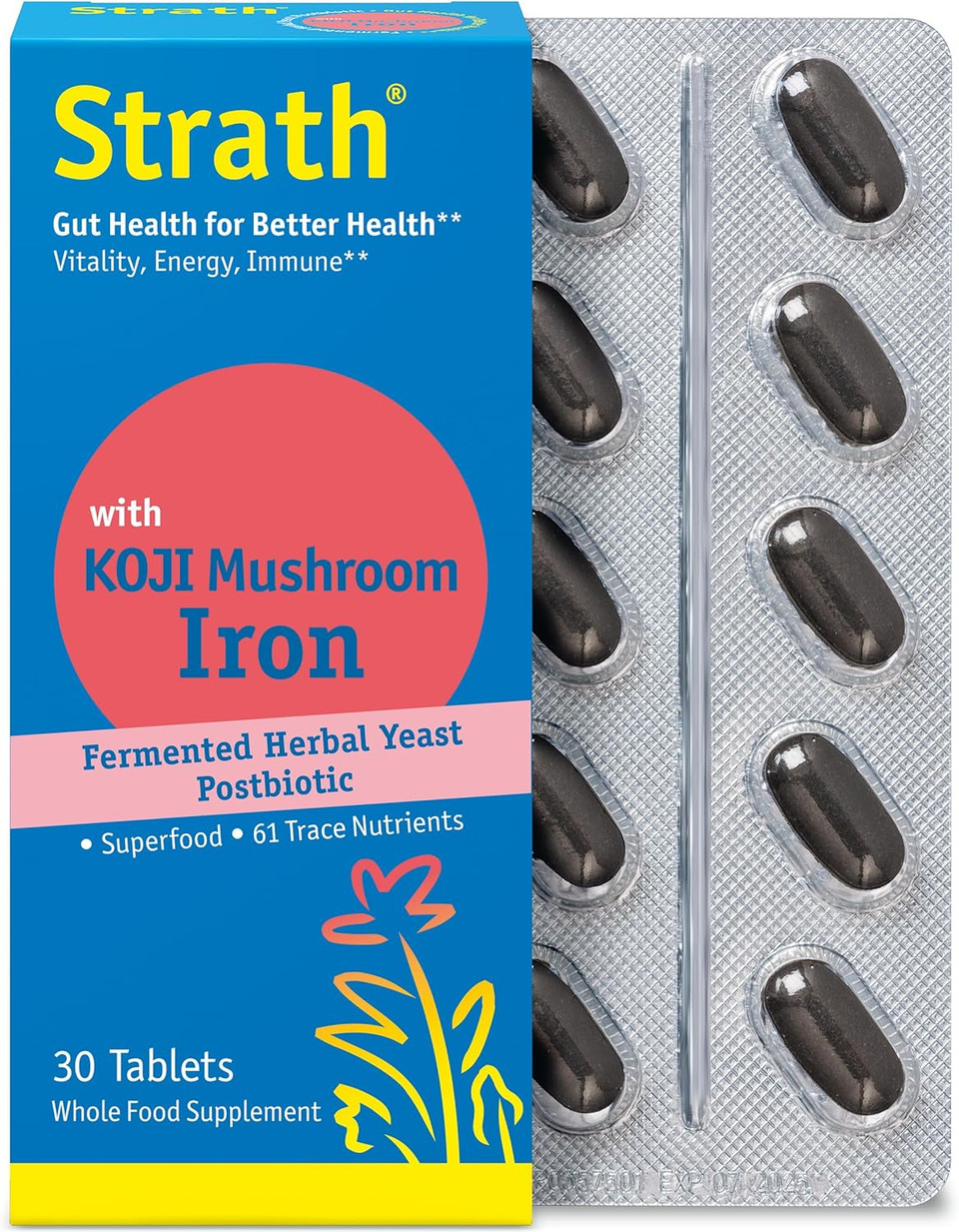 Strath With Koji Mushroom & Iron | Fermented Herbal Yeast Postbiotic | 30 Tablets | Superfood With 61 Nutrients | Non-Gmo Gluten Free | Vegan | Kosher | Made In Switzerland