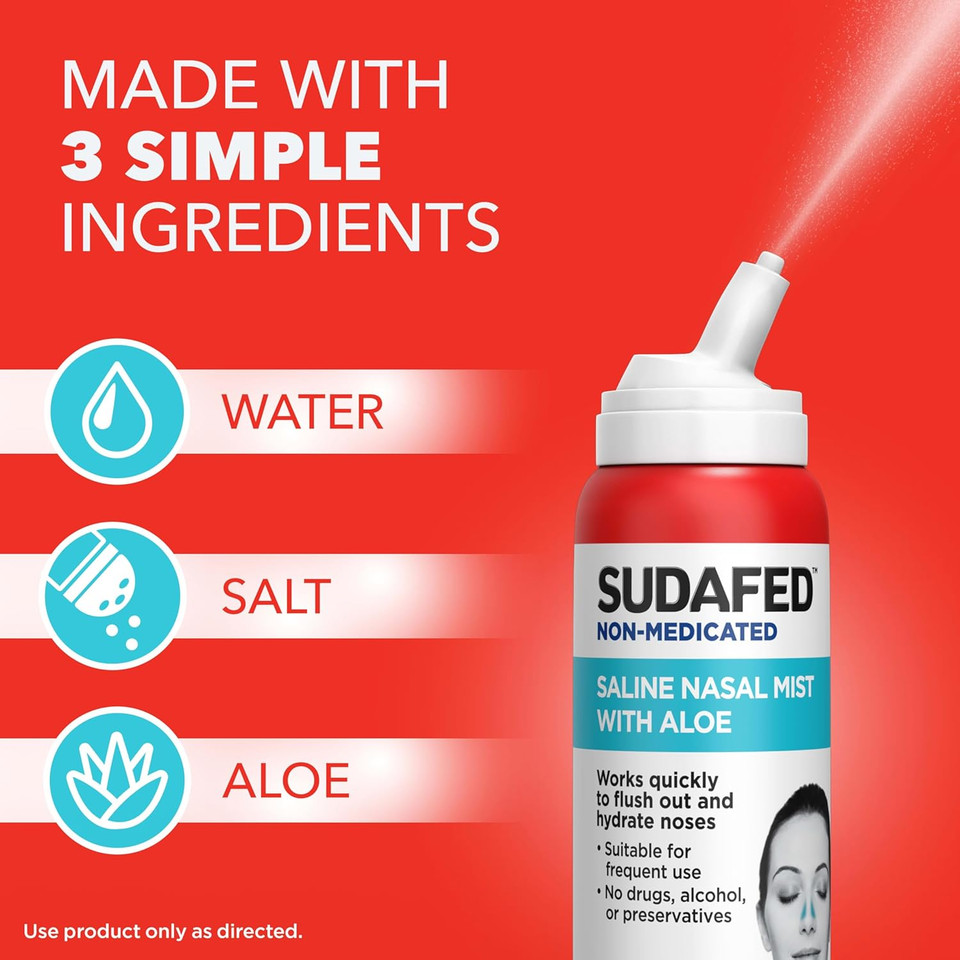 Sudafed Non-Medicated Saline Nasal Mist With Aloe, Sinus Saline Nose Spray For All Ages Quickly Flushes & Moisturizes Nasal Passages, Use Nasal Mist As Often As Needed, Drug-Free, 3 Fl. Oz