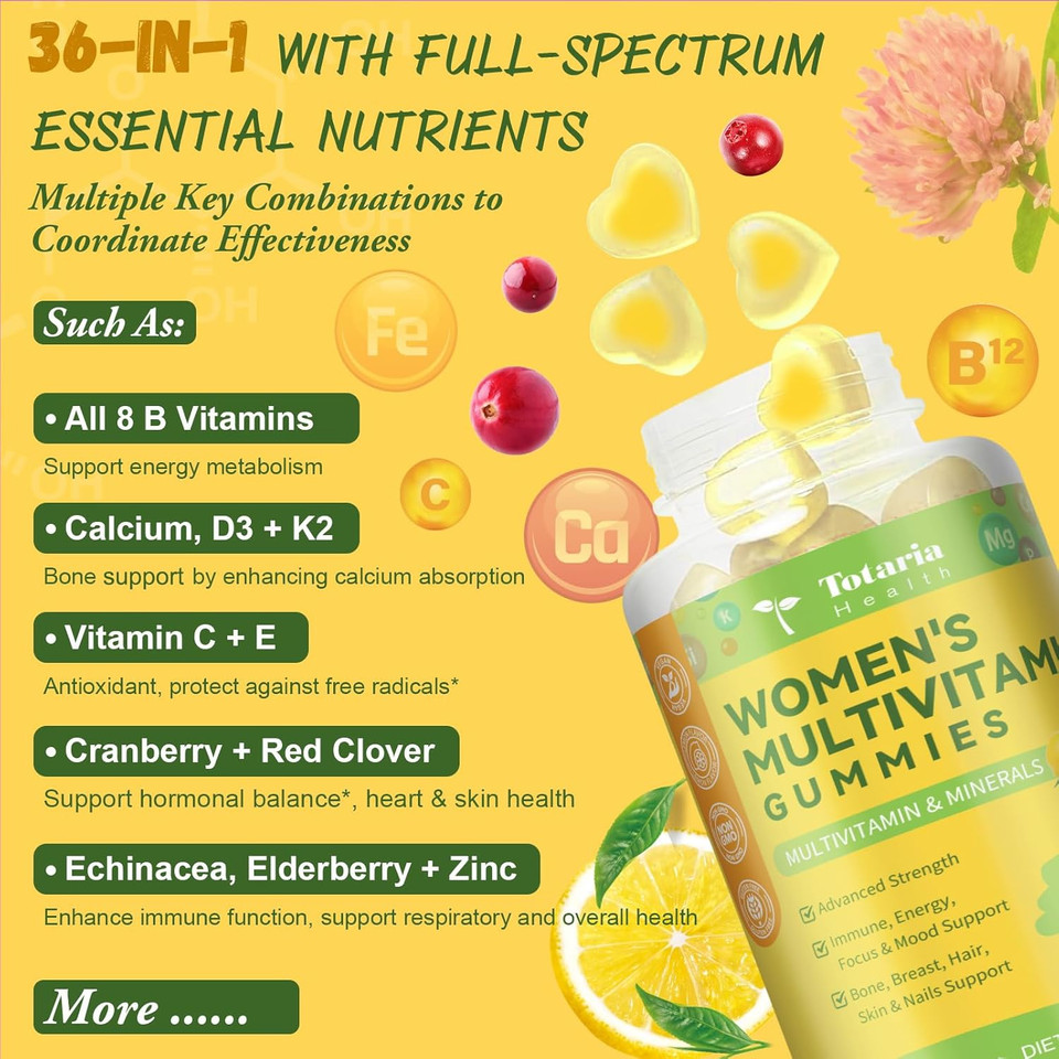 Sugar Free Multivitamin Gummies For Women 14+ W/Iron, Bariatric Multivitamin, Inositol, Folate, Biotin, Womens Daily Gummy W/Vitamin A, D, C, B, For Hair, Skin, Energy, Immune, Lemon Flavor