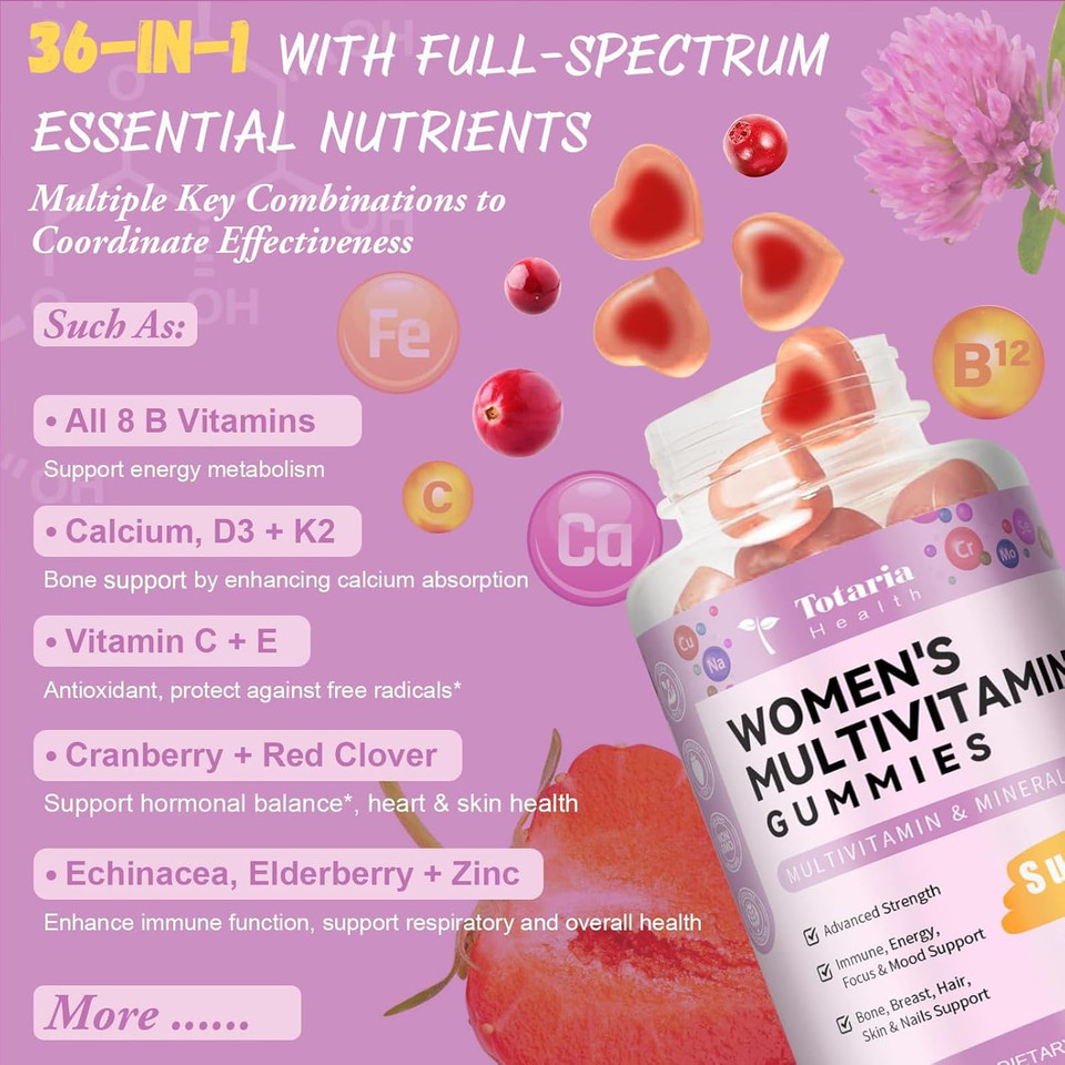 Sugar Free Multivitamin Gummies For Women 14+ W/Iron, Inositol, Folate, Biotin, Womens Daily Multivitamin Gummy W/Vitamin A, C, B, D3, K2, For Hair, Skin, Energy, Immune, Peach Flavor