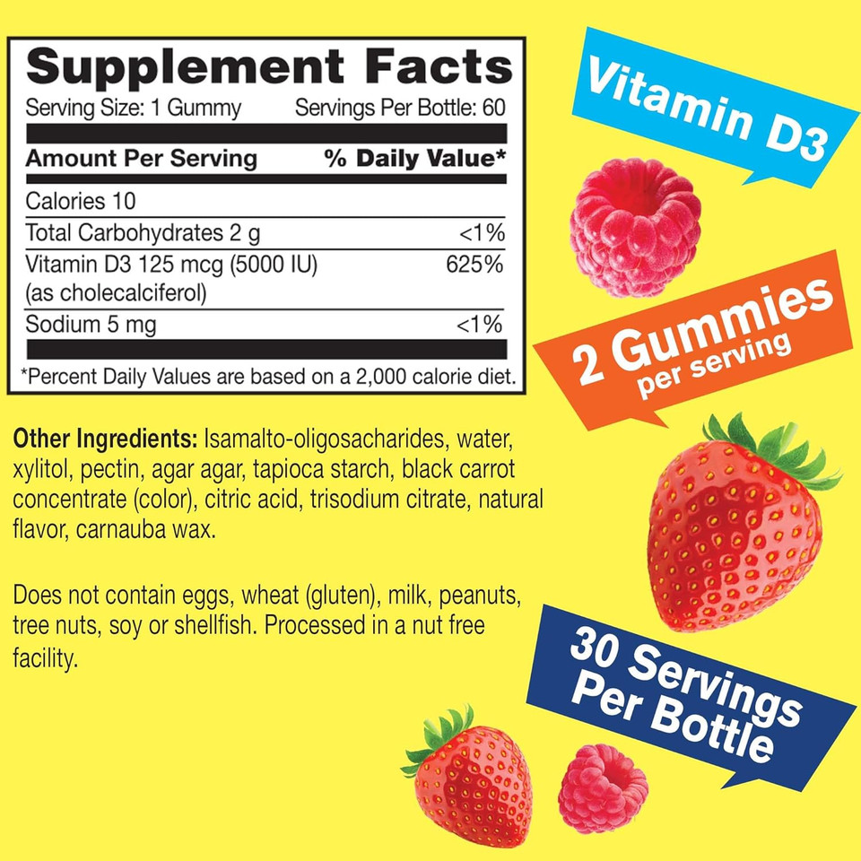 Sugar Free Vitamin D3 5,000 Iu (125Mcg) Extra Strenght Gummies - Immune Booster, Bone And Teeth Support - Non Gmo, Gluten Free, Nut Free, Vegan - Natural Sourced Flavors - 60 Gummies (2)