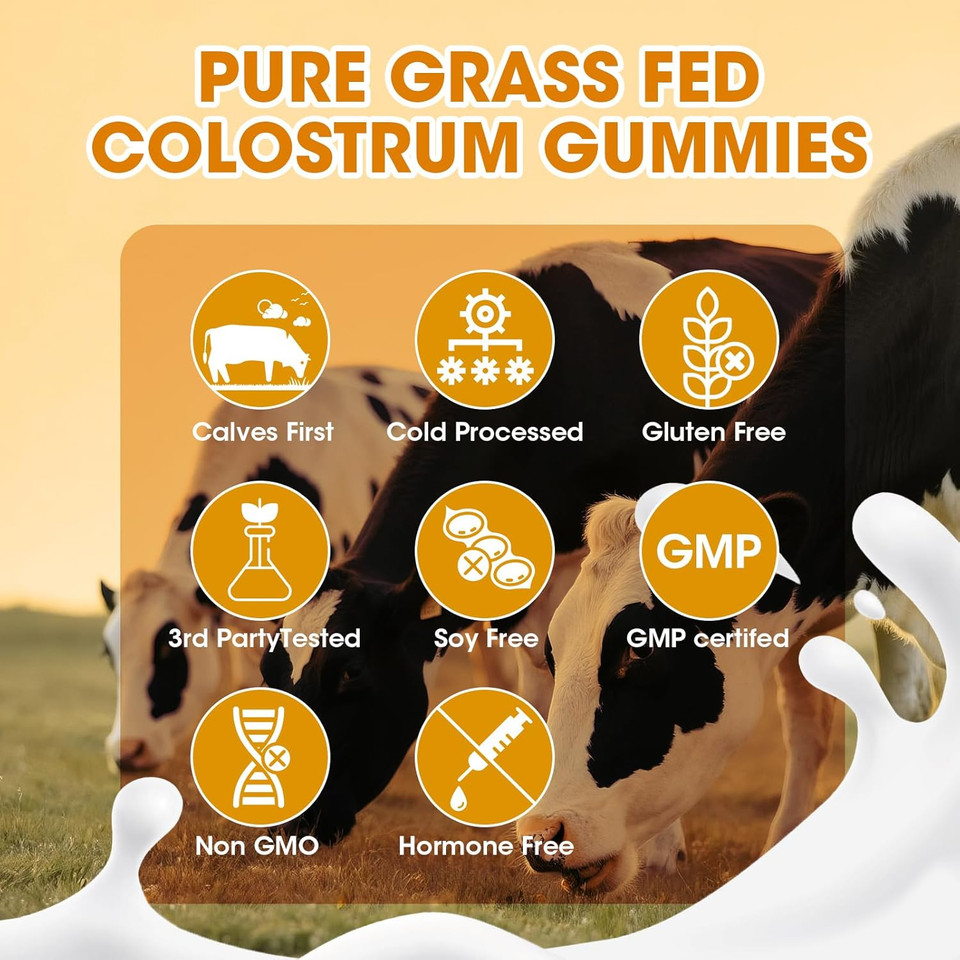 Sugar-Free Bovine Colostrum Supplement Gummies,Grass-Fed Colostrum For Women &Men, Gut Health, Immunity, Cognitive, Orange Flavor 120 Gummies With 40% Igg