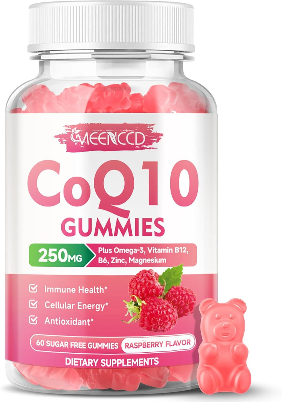 Sugar-Free Coq10 Gummies 250Mg, Coenzyme Q10 Supplements Plus Omega-3, Vitamin B6 & Zinc, High Absorption Coq10 Supplement For Cellular Energy & Antioxidant Support, Raspberry Flavor, Vegan 60Cts