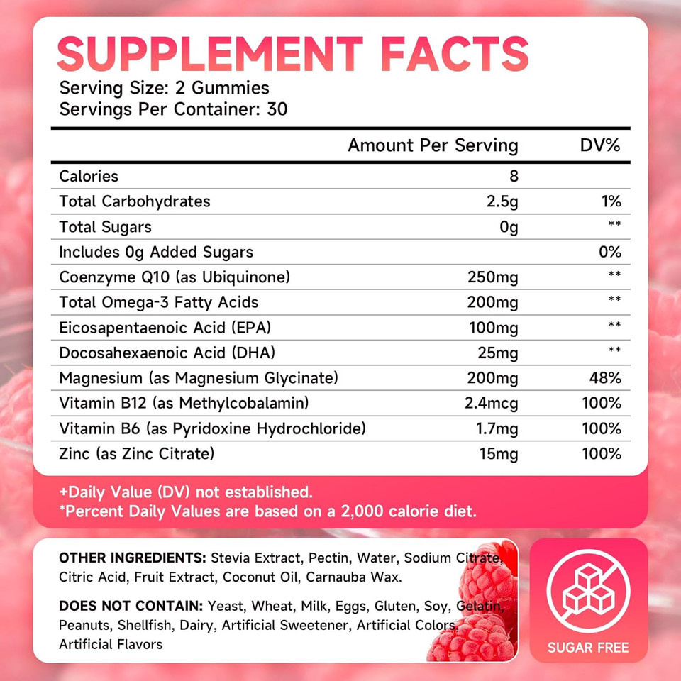 Sugar-Free Coq10 Gummies 250Mg, Coenzyme Q10 Supplements Plus Omega-3, Vitamin B6 & Zinc, High Absorption Coq10 Supplement For Cellular Energy & Antioxidant Support, Raspberry Flavor, Vegan 60Cts
