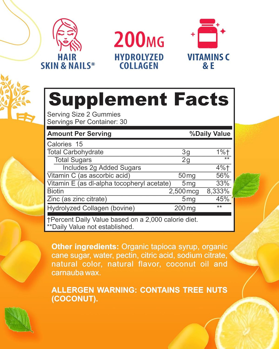 Sunny Sam Biotin Collagen Gummies For Women & Girls - Low Sugar 60 Chewable Beauty Collagen Gummies For Enhanced Hair Skin And Nails - Biotin, Vitamin A, Zinc Supplement - Natural Lemon Flavor