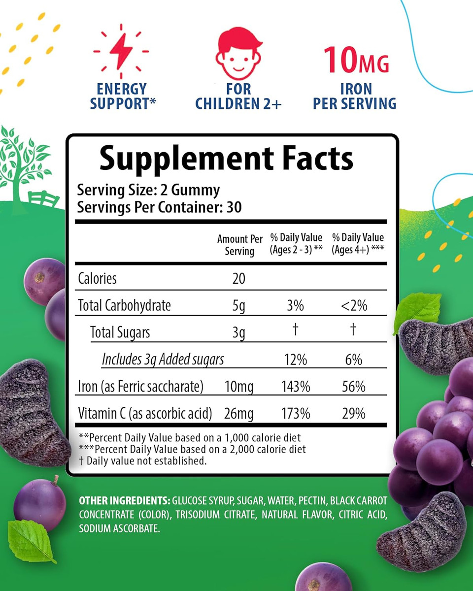 Sunny Sam Iron Gummies For Kids & Teens - 10Mg Iron Vitamins With Vitamin C - Low-Sugar Chewable Gummy Supplement For Immune Support, Supports Red Blood Cell Production For Children & Teen Girls
