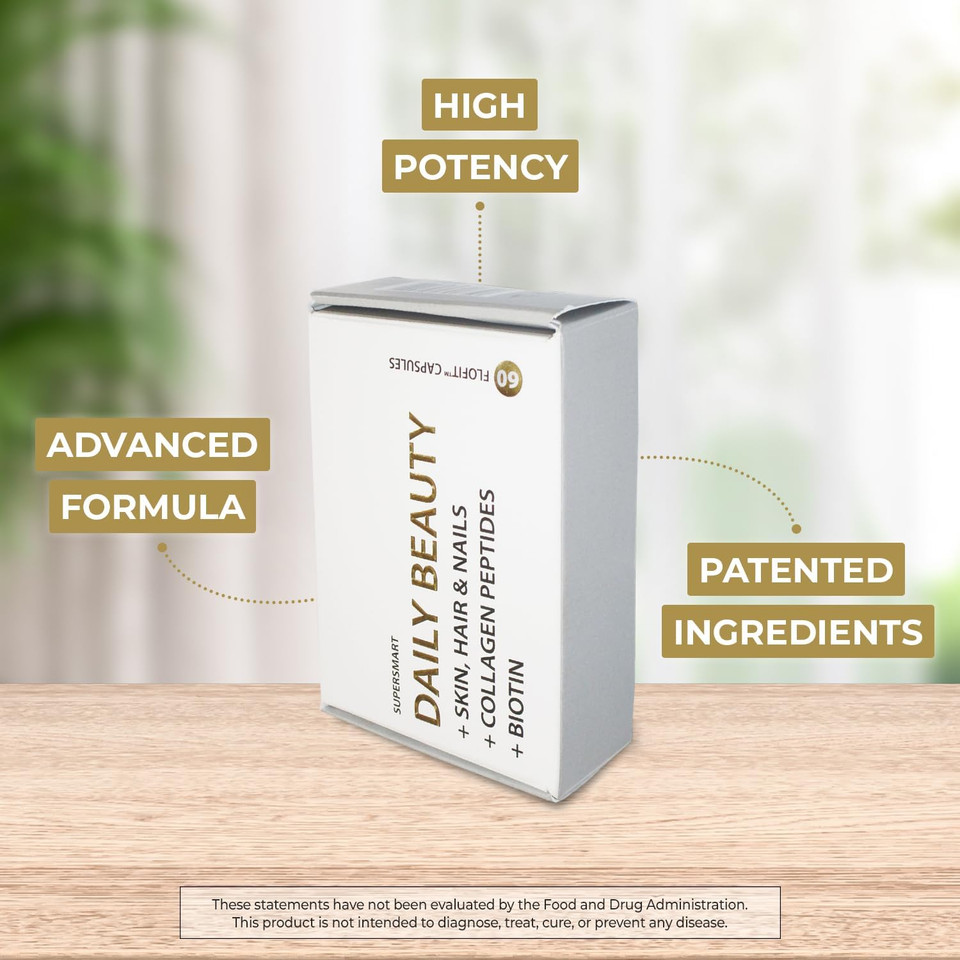 Supersmart - Daily Beauty (Patented & High Potency) - With Verisol Collagen Peptides, Hyaluronic Acid, Soluble Keratin, Biotin | Non-Gmo & No Fillers & Gluten Free - 60 Flofit Capsules