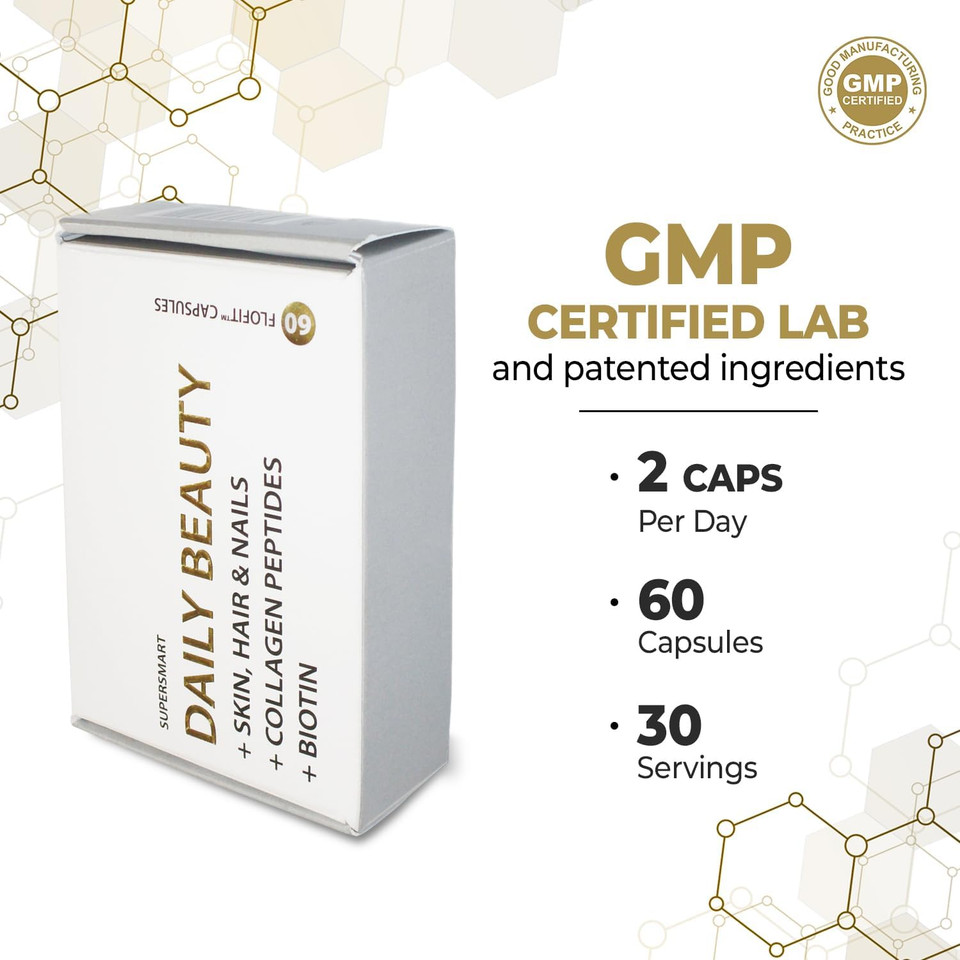 Supersmart - Daily Beauty (Patented & High Potency) - With Verisol Collagen Peptides, Hyaluronic Acid, Soluble Keratin, Biotin | Non-Gmo & No Fillers & Gluten Free - 60 Flofit Capsules