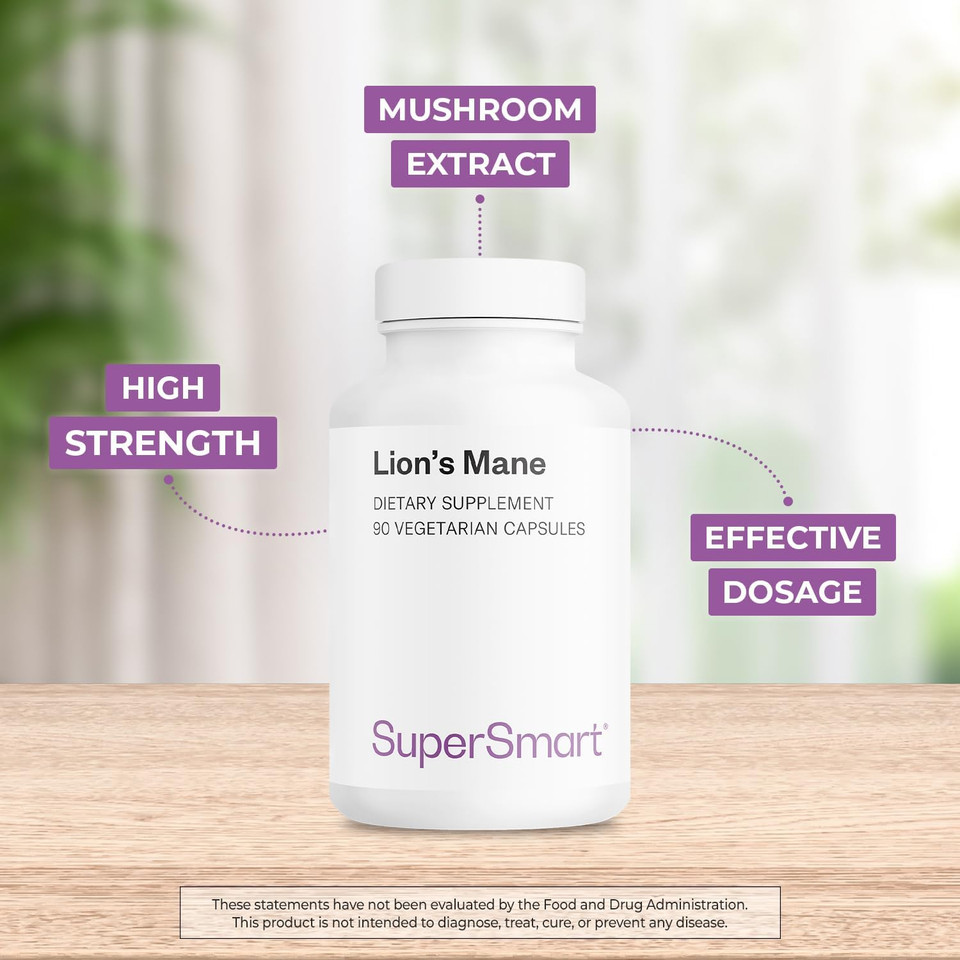 Supersmart - Lion'S Mane 1500Mg Per Day (High Strength) - 30% Polysaccharides - Lion'S Mane Extract 8:1 - Hericium Erinaceus Mushroom Supplement | Non-Gmo & Gluten Free - 90 Vegetarian Capsules