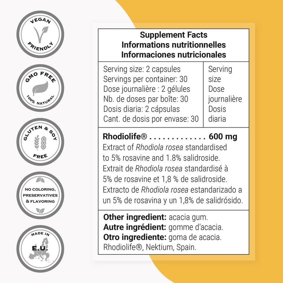 Supersmart - Rhodiola Rosea 600 Mg Per Day - Adaptogen Supplement | Non-Gmo & Gluten Free - 60 Vegetarian Capsules
