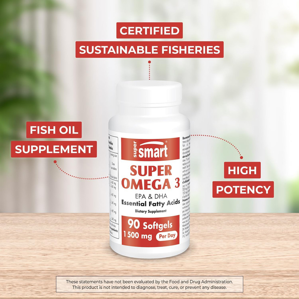 Supersmart - Super Omega 3 1500Mg Per Day (Certified Friend Of The Sea) - Epa & Dha Fatty Acids - Omega 3 Supplement - Fish Oil From Sustainable Fisheries | Non-Gmo & Gluten Free - 90 Softgels