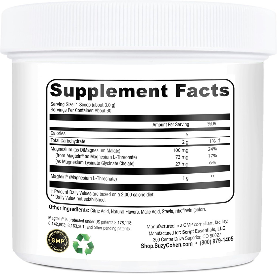 Suzy Cohen Magfocus Magnesium Threonate Powder Dietary Supplement 200Mg, Healthy Nerve, Support Cognition, Energy, Bone Health, Stevia, Lemon Flavor, 60 Servings