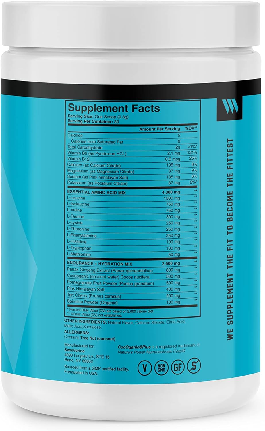 Swolverine Intra | Essential Amino Acids, Electrolytes, Coconut Water, Pomegranate, Tart Cherry, Spirulina, Vegan, Non-Gmo, Gluten Free (30 Servings, Tropical Blast)