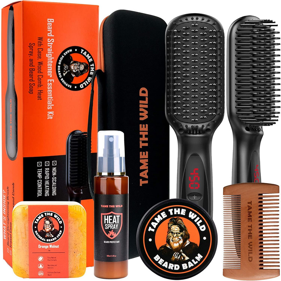 Tame The Wild Pro Beard Grooming Kit For Men - Heated Straightener With 12 Temp Settings, Heat Protector Spray, Soap, Balm, Comb & Travel Case - Gift Set