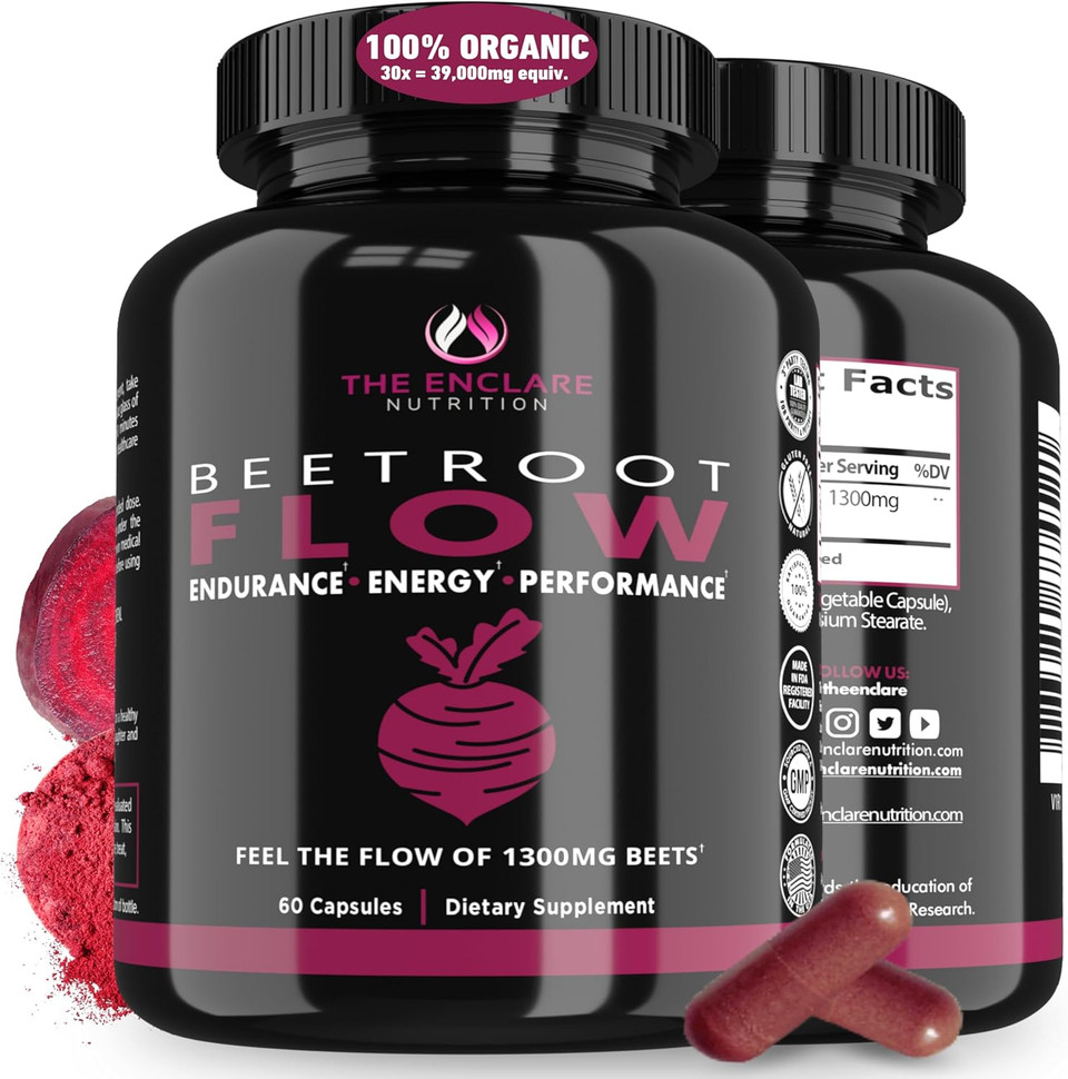 The Enclare Nutrition Beet Root Powder Capsules, Beetroot 1300Mg. Nitric Oxide Supplements For Men, Supports Gut Health For Women, Energy, Brain, Athletic Performance, Heart Health Non Gmo 180Ct (3)