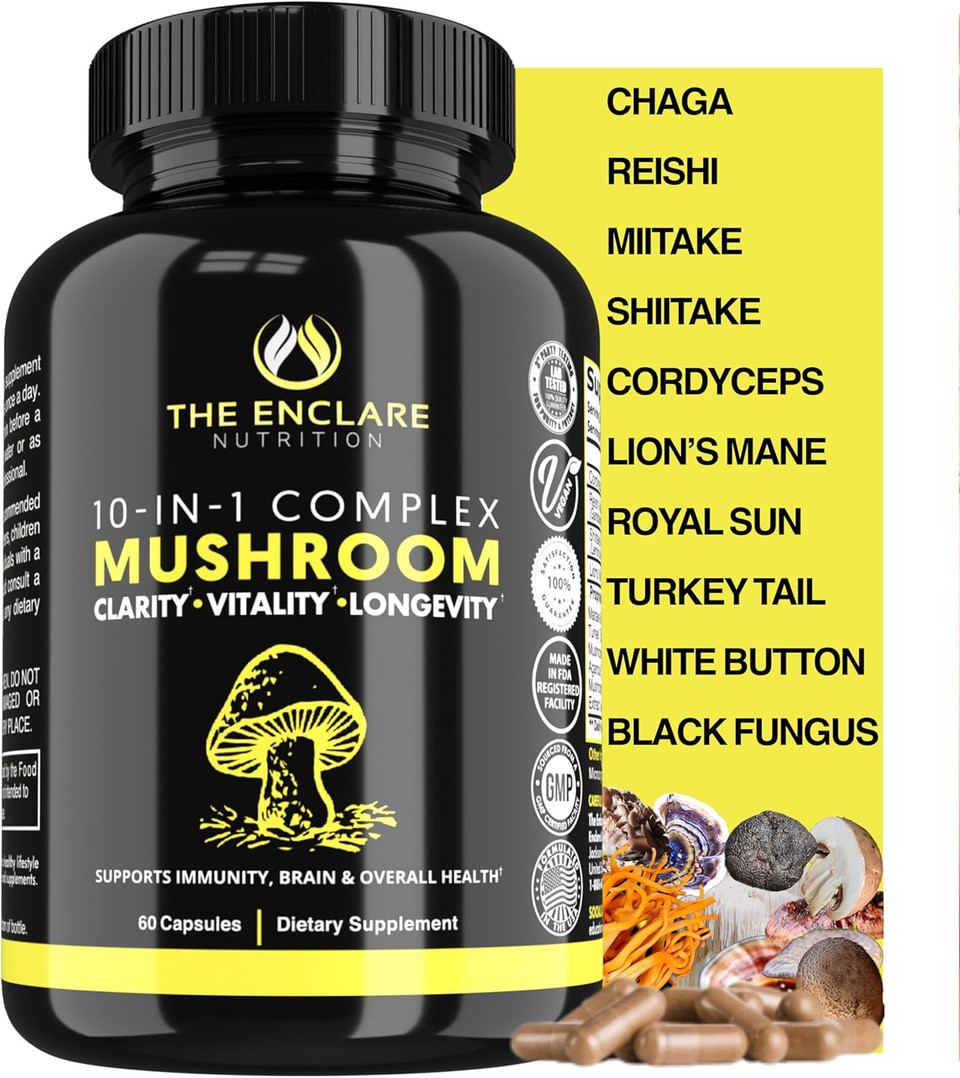 The Enclare Nutrition Mushroom Supplement 10In1 Complex Immune Support Lions Mane, Reishi, Turkey Tail, Cordyceps, Chaga, Maitake, Shiitake, Agaricus: Nootropic Brain, Energy Booster (1)