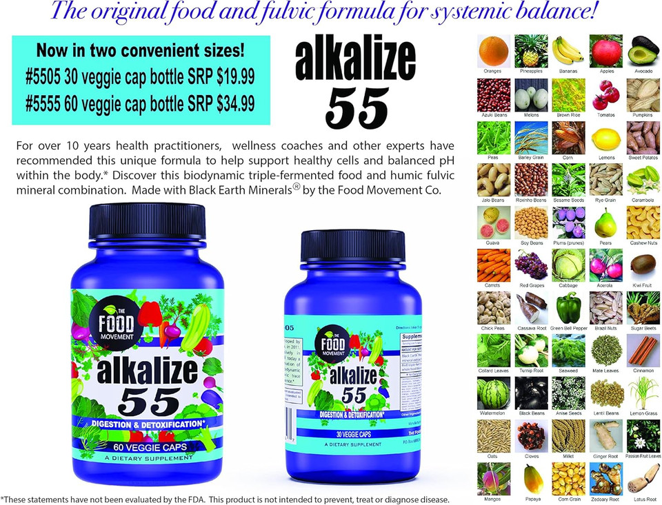 The Food Movement - Alkalize 55, 55 Fermented Foods With Black Earth Humic Fulvic Trace Minerals, Electrolytes Ph Balance, Immune Boosting, Vegan - 30 Veggie Caps