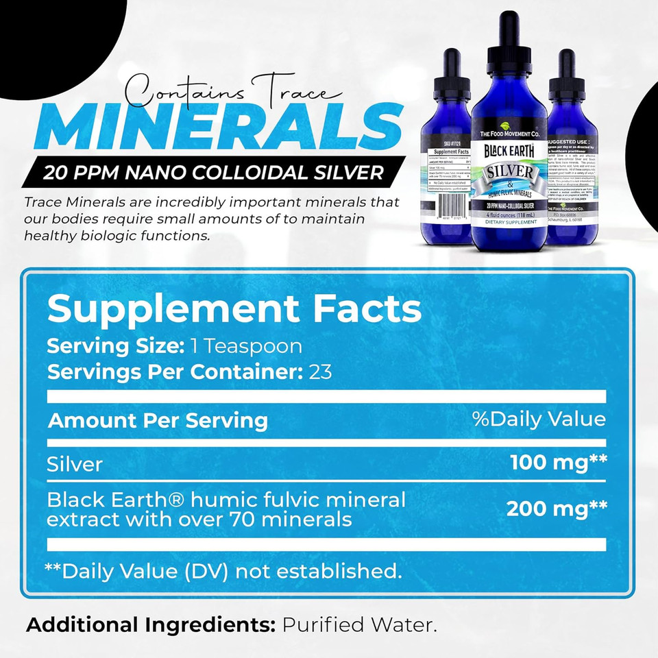 The Food Movement Black Earth Silver With Humic Fulvic Acids, Trace Minerals For Immune Support, Detox, Gut Health  8 Fl Oz Liquid Drops Supplement