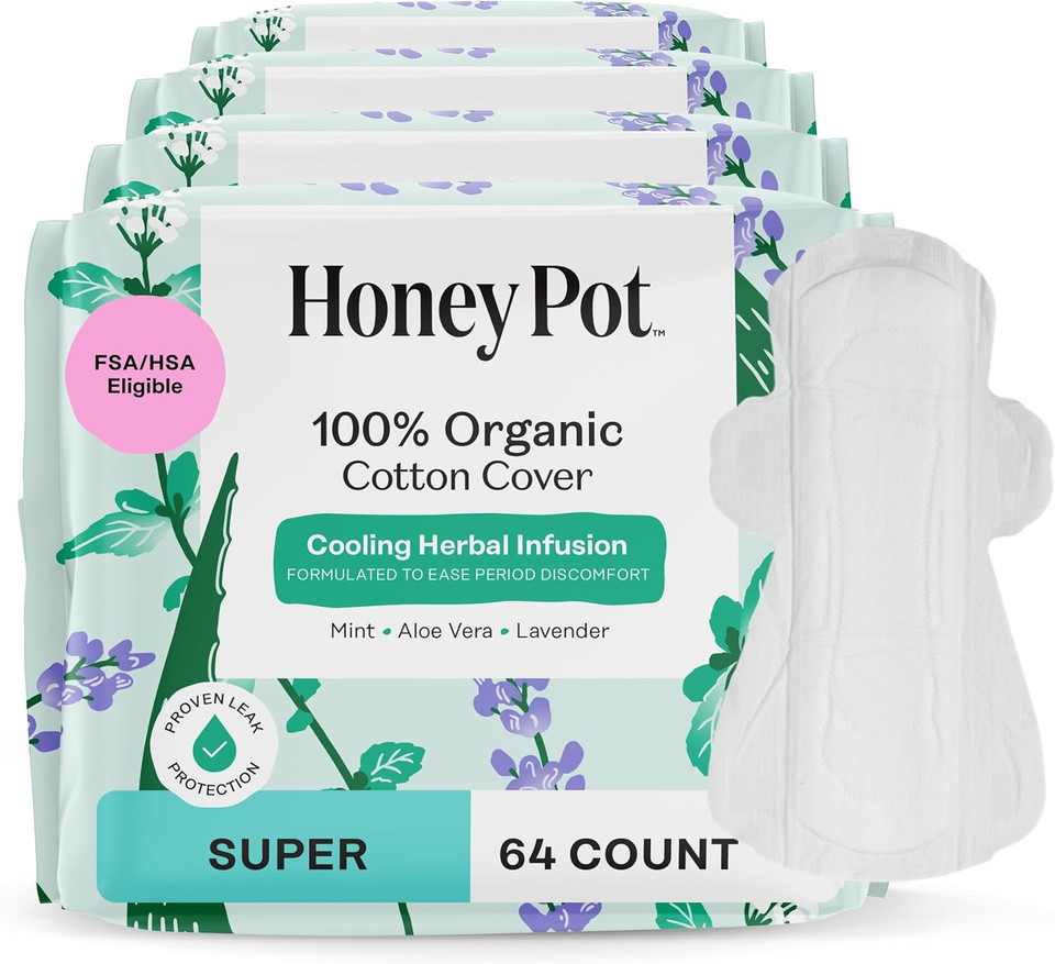 The Honey Pot Company - 64Ct - Herbal Pads For Women - Super W/Wings - Infused W/Essential Oils For Cooling Effect, Organic Cotton Cover, & Ultra-Absorbent Pulp Core - Feminine Care - Fsa & Hsa