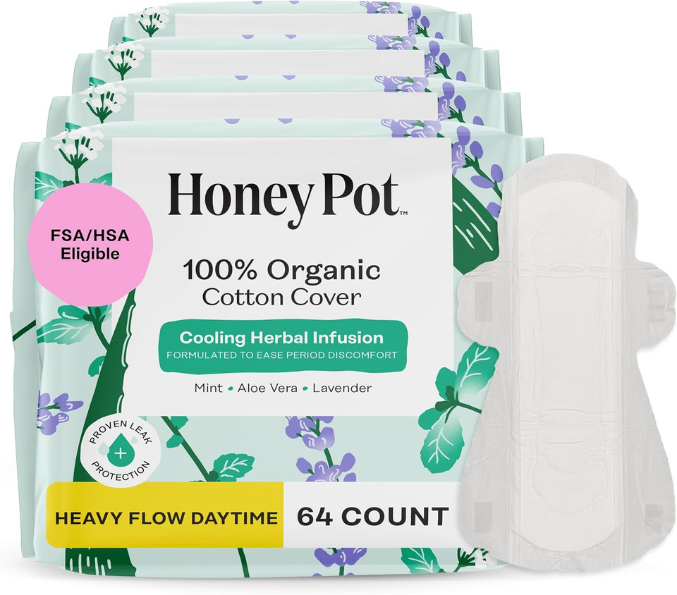 The Honey Pot Company - 64Ct - Herbal Sanitary Pads For Women - Heavy Flow W/Wings - Infused W/Essential Oils For Cooling Effect & Organic Cotton Cover - Feminine Care - Fsa & Hsa