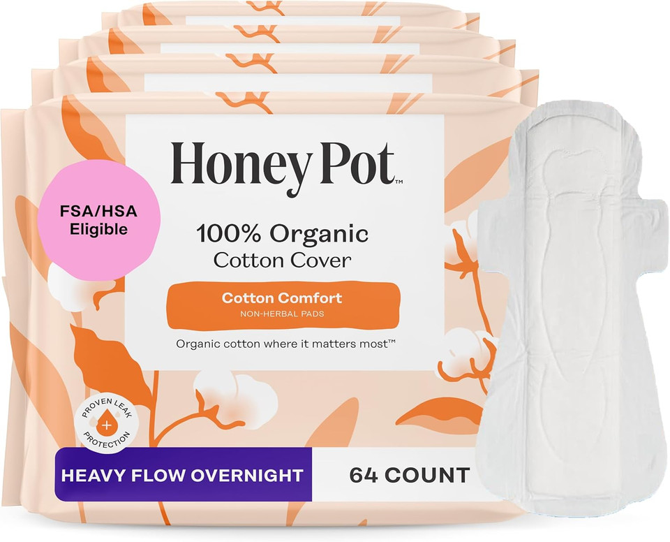 The Honey Pot Company - 64Ct - Sanitary Pads For Women - Non-Herbal Heavy Overnight W/Wings - Organic Cotton Cover & Ultra-Absorbent Pulp Core - Feminine Care - Fsa & Hsa Eligible