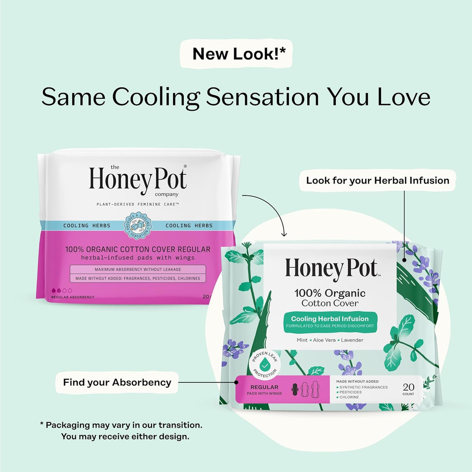 The Honey Pot Company - 80Ct - Herbal Sanitary Pads For Women - Regular Flow W/Wings - Infused W/Essential Oils For Cooling Effect & Organic Cotton Cover - Feminine Care - Fsa & Hsa