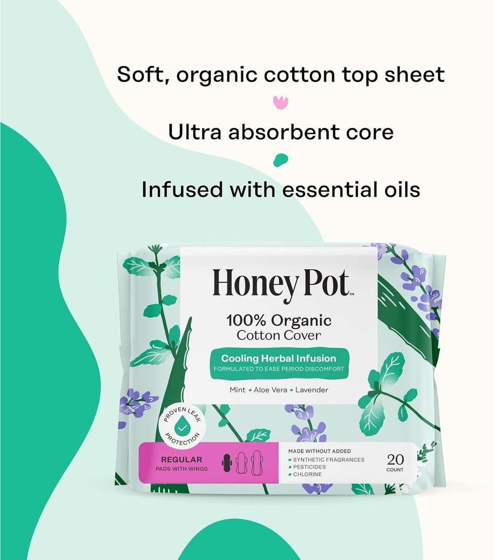 The Honey Pot Company - 80Ct - Herbal Sanitary Pads For Women - Regular Flow W/Wings - Infused W/Essential Oils For Cooling Effect & Organic Cotton Cover - Feminine Care - Fsa & Hsa