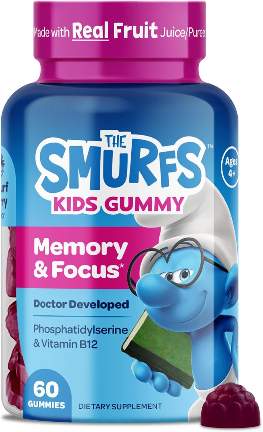 The Smurfs Nootropic Gummies For Kids With Vitamin B12 & L-Theanine | Laser Focus Gummies For Focus And Memory Supplements | Made With Real Fruit In A Smurf Berry | Doctor Developed | 60 Vegan Gummies