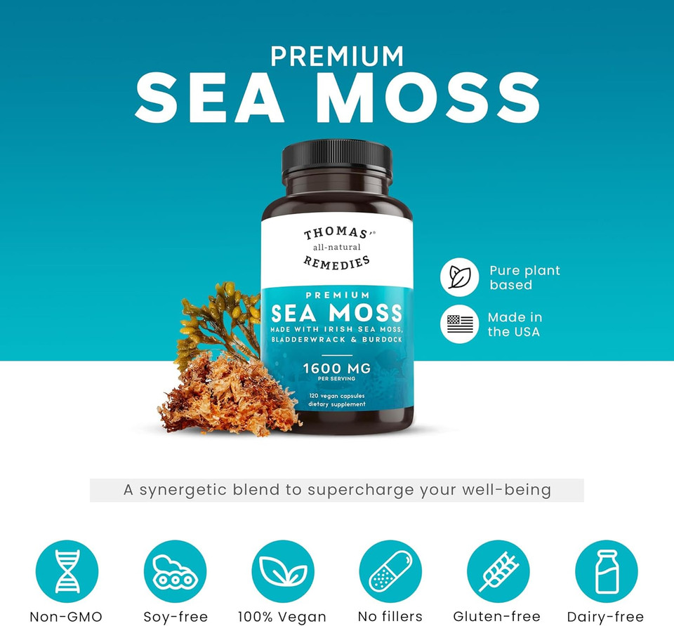 Thomas' All-Natural Remedies Irish Sea Moss Capsules, Sea Moss With Bladderwrack & Burdock Root Organic For Gut Health, Digestion, Energy & Immune Support, 120 Seamoss Pills