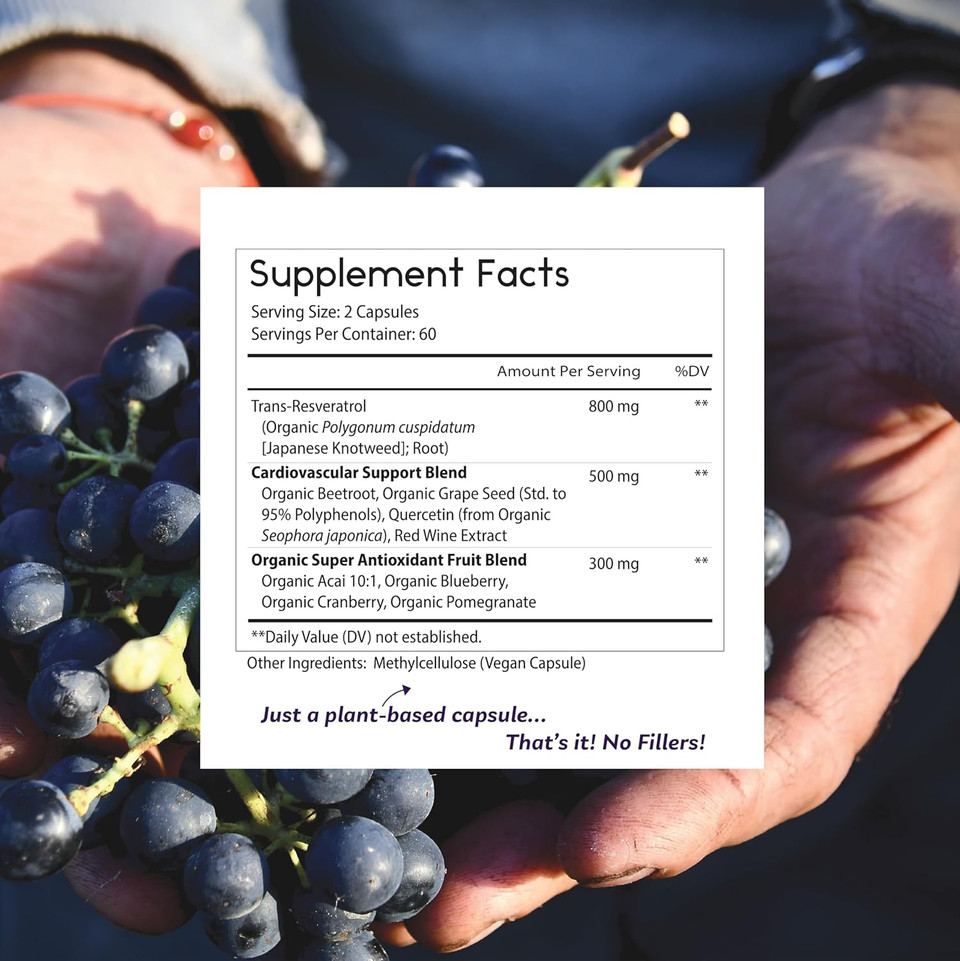 Thomas' All-Natural Remedies Resveratrol 1600Mg Organic Trans-Resveratrol Antioxidant Supplement With Organic Grape Seed Extract And Quercetin- Anti-Aging And Cardiovascular Support- 120 Capsules