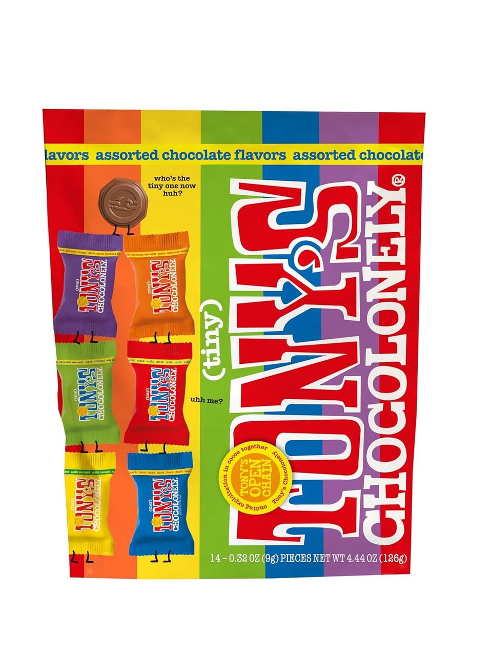 TonyS Chocolonely Assorted Chocolate Candy Pieces, Belgian Milk & Dark Chocolate, Caramel Sea Salt, Almond Sea Salt, Honey Almond Nougat, Pretzel Toffee, Made From Quality Fairtrade Cocoa, 4.44 Oz