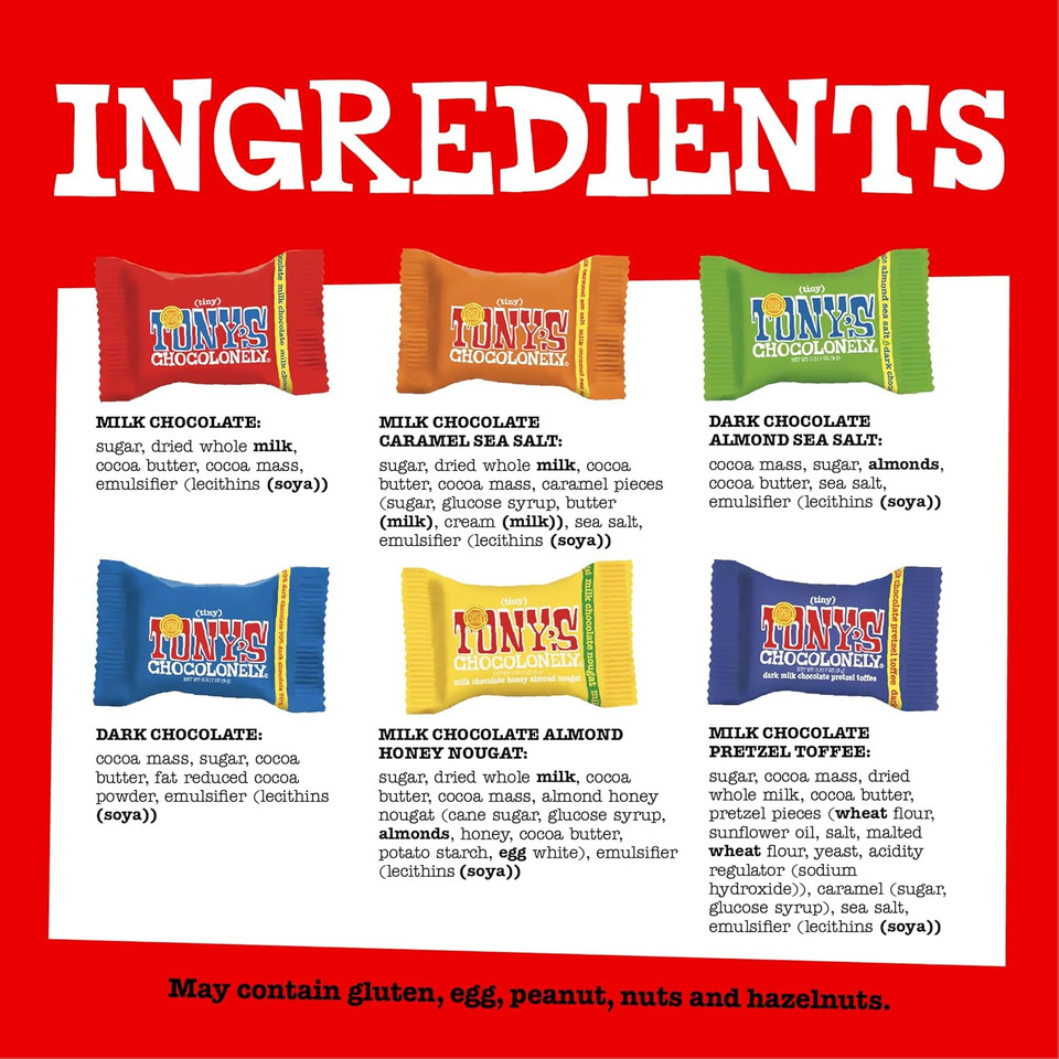 TonyS Chocolonely Assorted Chocolate Candy Pieces, Belgian Milk & Dark Chocolate, Caramel Sea Salt, Almond Sea Salt, Honey Almond Nougat, Pretzel Toffee, Made From Quality Fairtrade Cocoa, 4.44 Oz