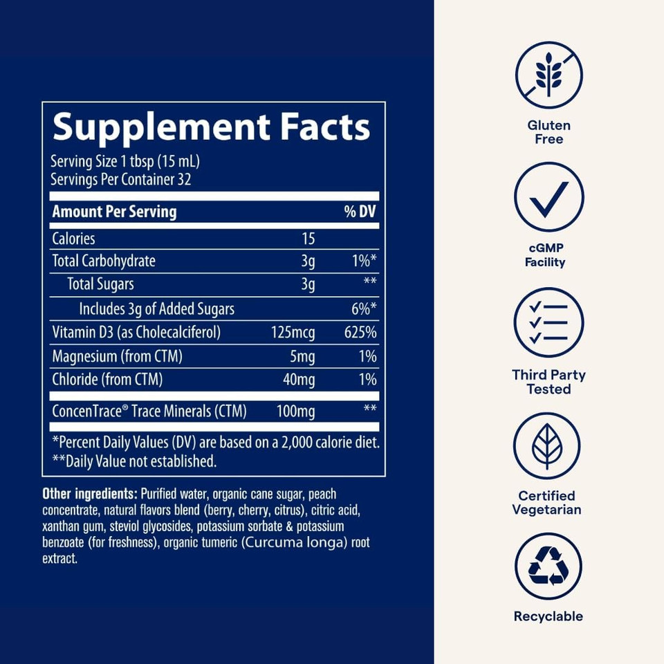 Trace Minerals | Liquid Vitamin D3 | 126 Mcg (5000 Iu) D3 With Full Spectrum Of Ionic Trace Minerals | Fast Absorbing, High Potency | Natural Tropical Cherry Flavor | 32 Servings, 16 Fl Oz