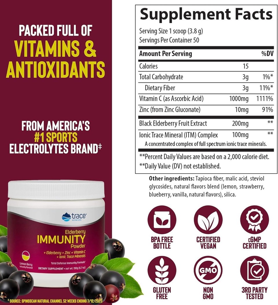 Trace Minerals Elderberry Immunity - Health Support Drink Supplement With Elderberry - Antioxidant Supplement To Support Cell Integrity & Heart Health - Lemon Berry, 6.7 Oz (50 Servings)
