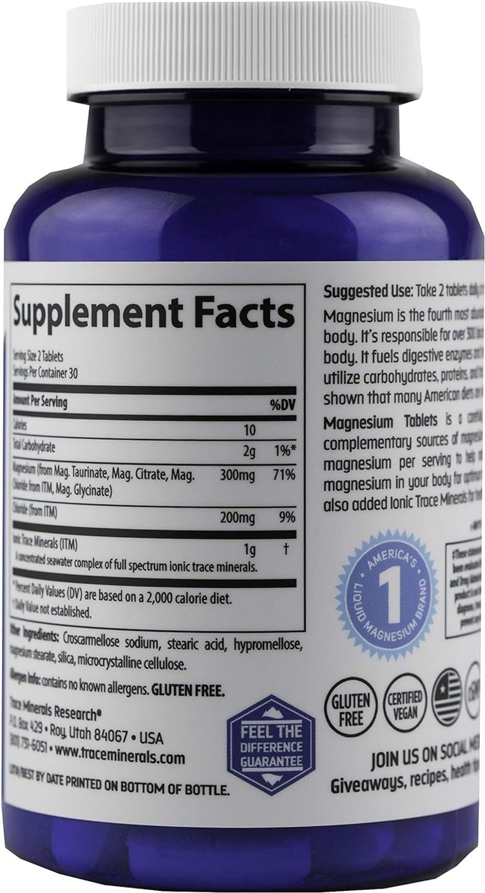 Trace Minerals Magnesium Tablets 300 Mg - Dietary Supplement To Support Muscle & Immune System Health - Cell & Nerve Health Support Supplement With Trace Minerals - 60 Tablets (30 Servings)