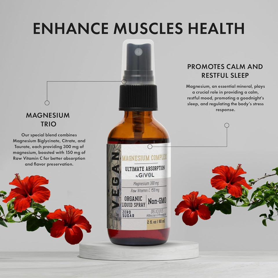 Tri Magnesium Complex - Magnesium Biglycinate, Citrate & Taurate Liquid Spray 300Mg W/Raw Vitamin C For Promoting Serenity, Body Decompression - Hibiscus & Pineapple Flavor 60Ml (2Oz)