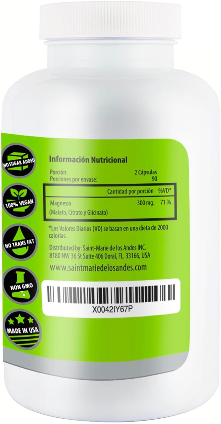 Tri-Magnesium Complex - 180 Capsules (90 Days Supply) - High Potency Magnesium Supplement By Saint-Marie De Los Andes