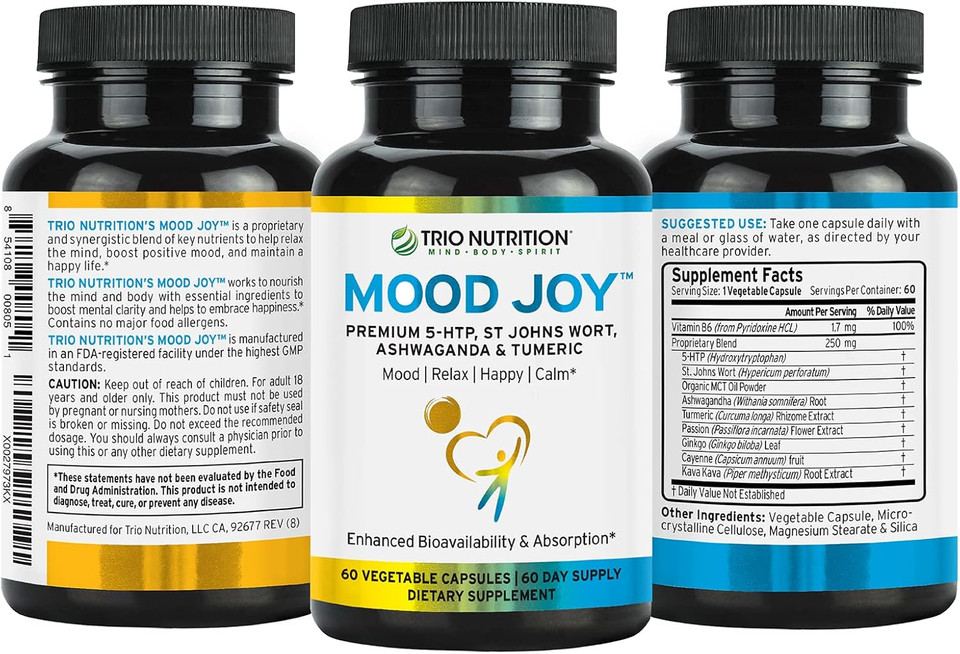 Trio Mood Joy | Premium 5-Htp, St Johns Wort, Ashwagandha & Turmeric | Ashwagandha Capsules To Promote Natural Calm & Relaxed Mood | Mood Support Supplement | 60 Day Supply