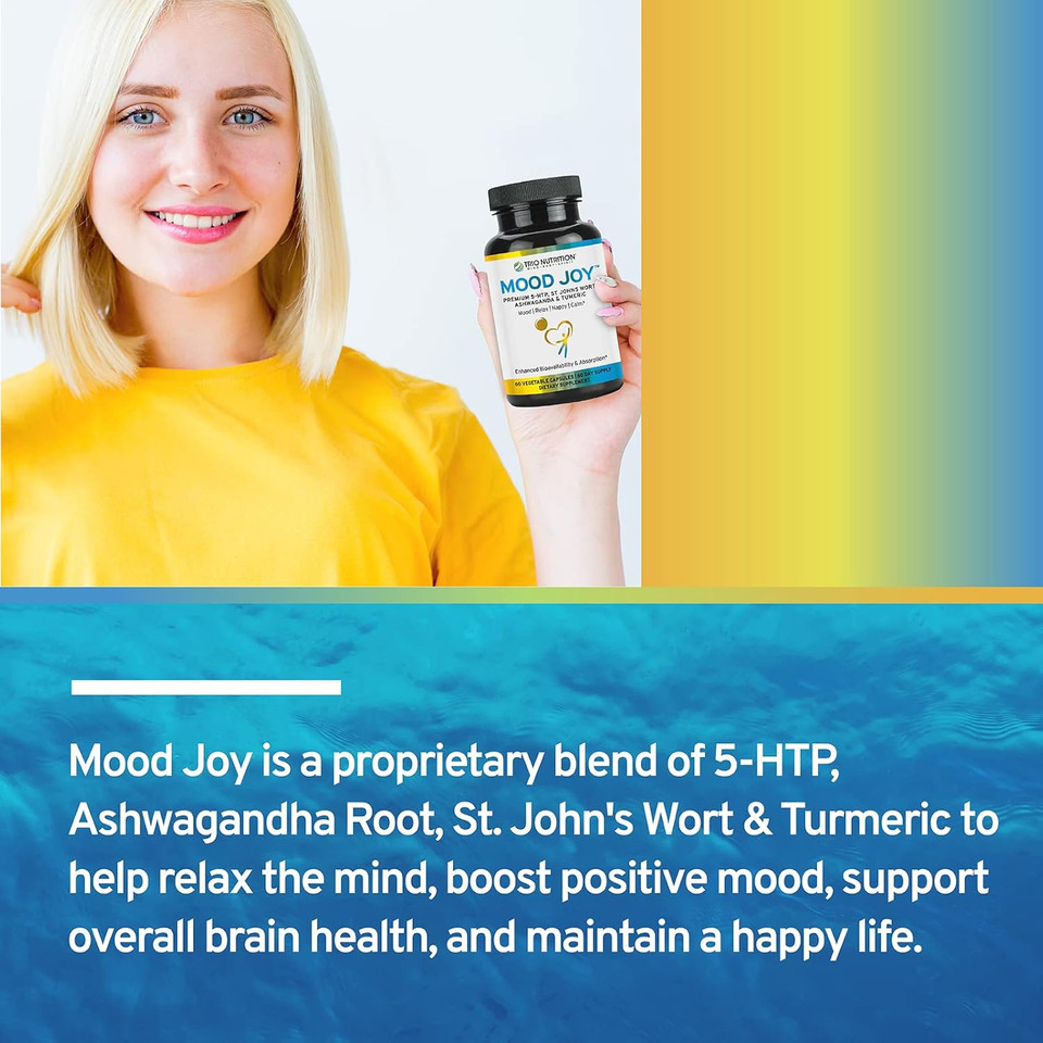 Trio Mood Joy | Premium 5-Htp, St Johns Wort, Ashwagandha & Turmeric | Ashwagandha Capsules To Promote Natural Calm & Relaxed Mood | Mood Support Supplement | 60 Day Supply