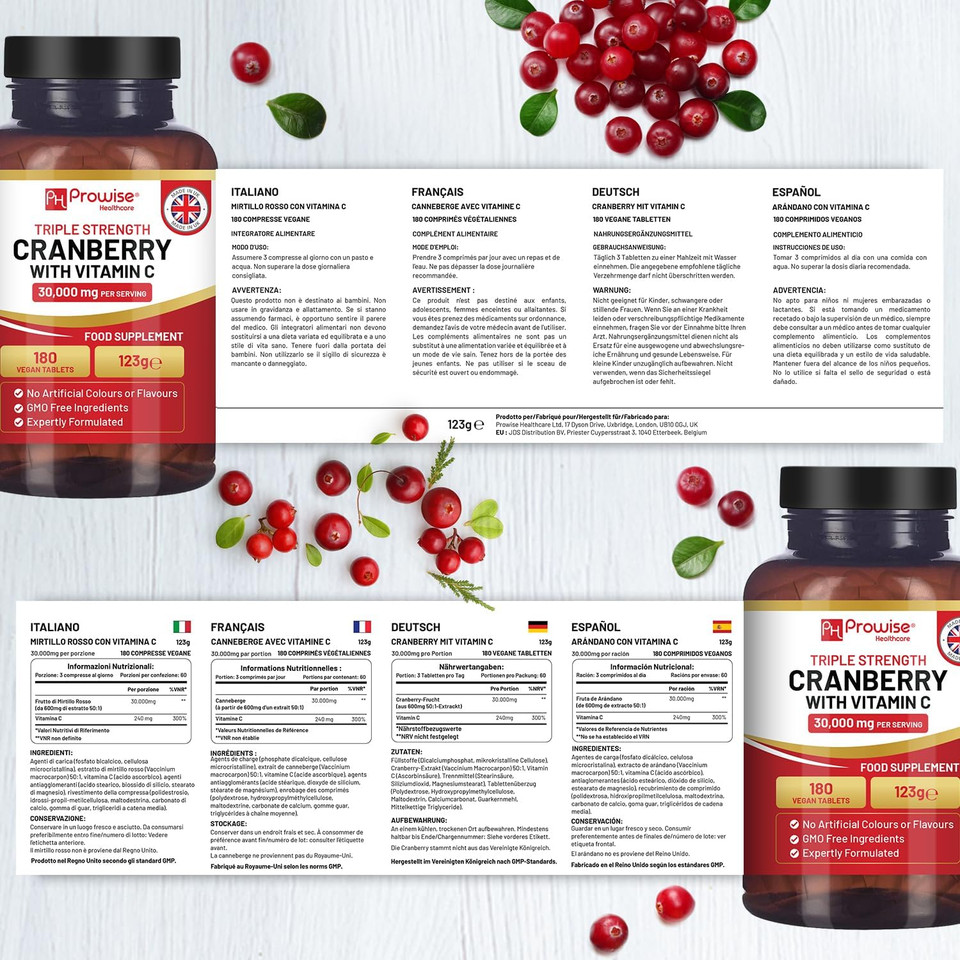 Triple Strength Cranberry 30,000Mg Added With Vitamin C - 180 Vegan Tablets I Easy To Swallow Tablets I Made In The Uk By Prowise Healthcare